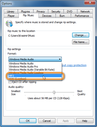 Windows Media Player CD rip to MP3