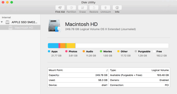 Disk Utility Interface in macOS Sierra